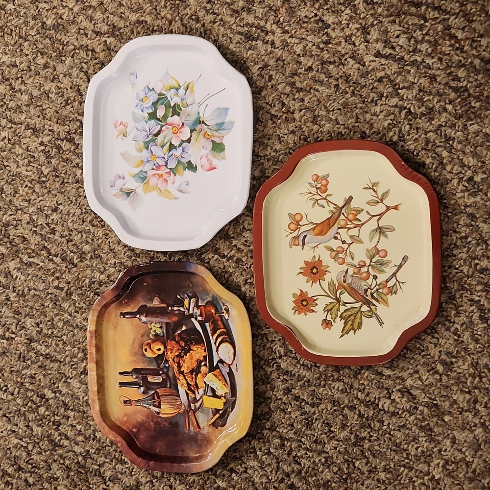 3 Small Vintage Decorative Snack Tin Trays